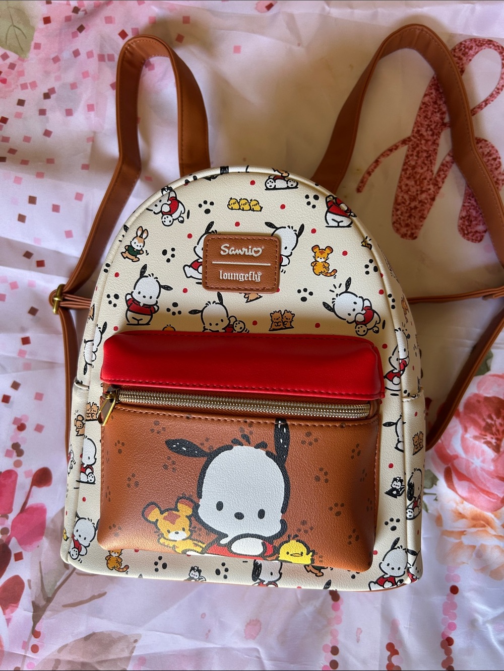 Loungefly Mini Backpack in Cream, Brown, Red with Pochacco Print